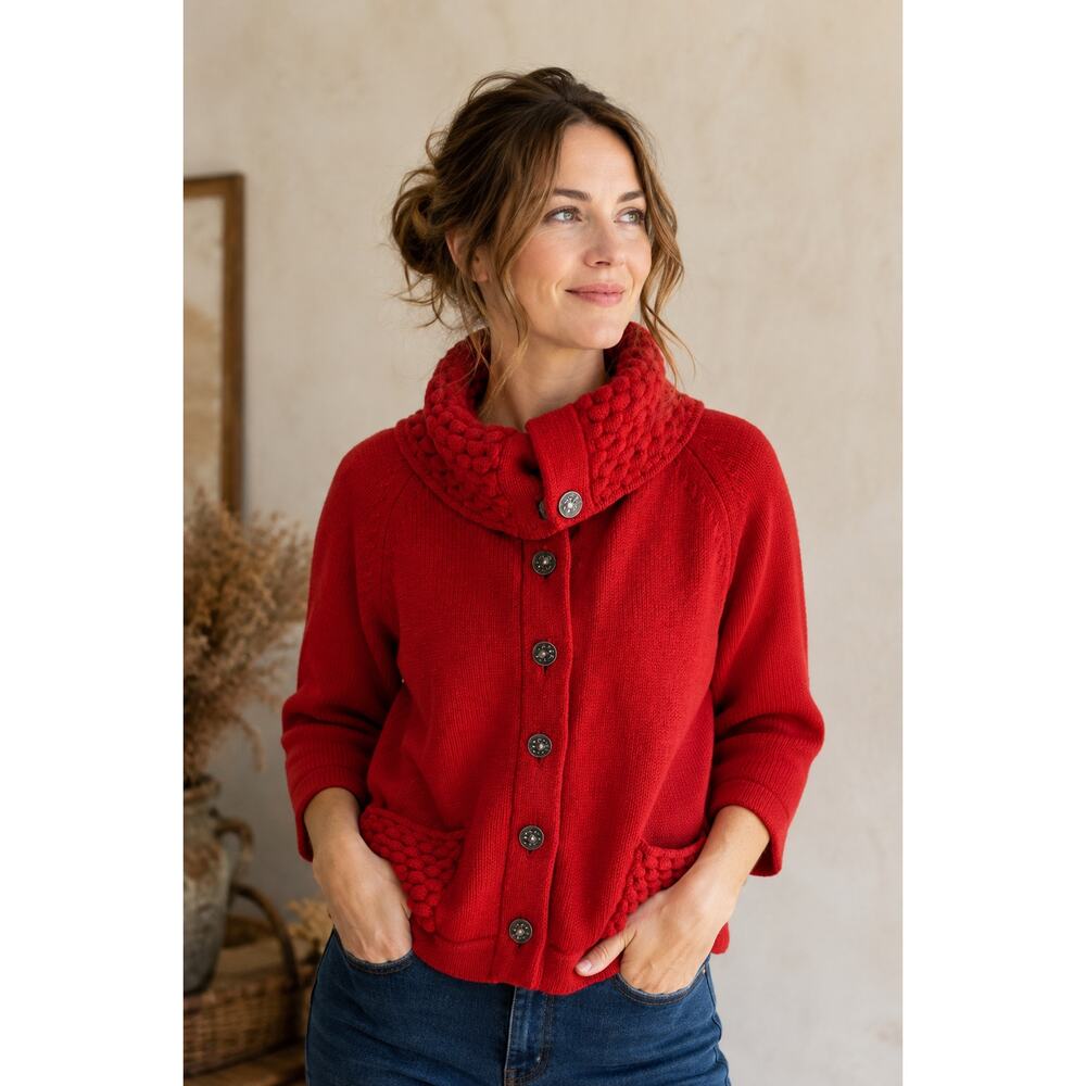 Vintage 100% Wool Italian Red Cowl Neck Button Front Sweater Cardigan M - Picture 2 of 10